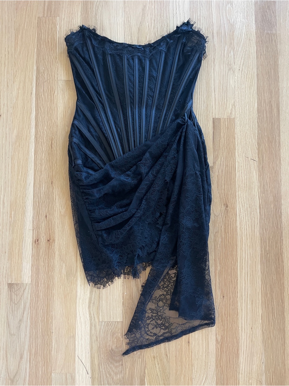 Elegant Black Lace Draped Strapless Dress with Corset